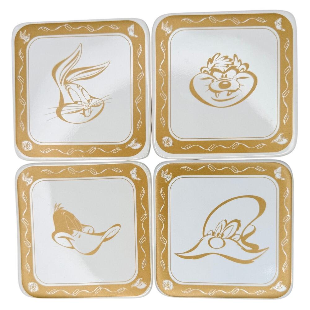 VINTAGE 90's Warner Brothers Looney Tunes Set of 4 Ceramic Coasters Barware